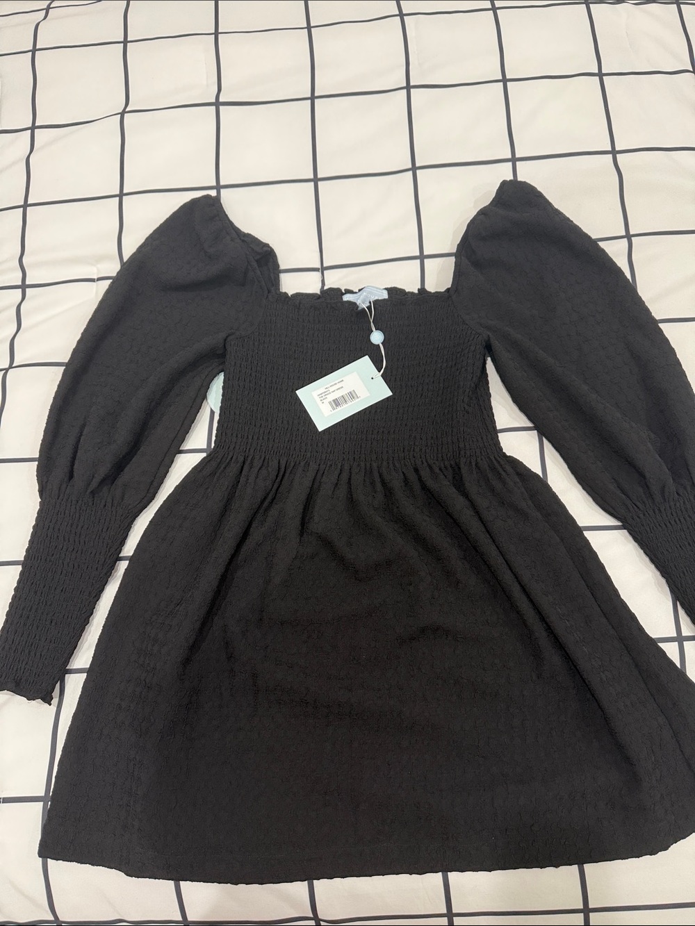 Hill House Black Smocked Puff-Sleeve Mini Dress